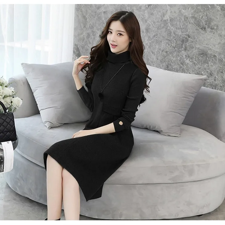 Plus Size New Women Turtleneck Long Sleeve Woolen Empire Dress Solid Knitting Patchwork A-line Mid Dresses | Женская одежда