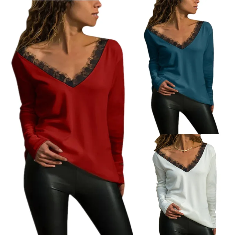 2019 Spring Korean Lace Tees Long Sleeve Summer V-neck Sexy Women's Solid Color Tops Fashion Female Pulovers Cotton T-shirt Lady Женская