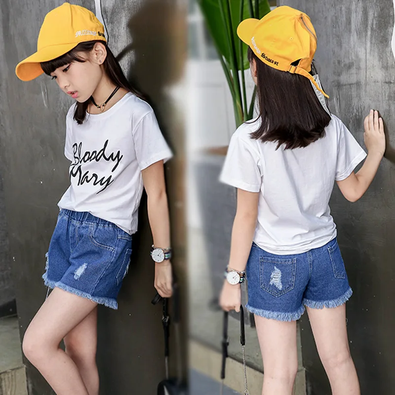 

4-14 yearl Girls' Pants 2018 Summer Children's Hollow Holes Blue Denim Shorts, Cuasual Tassel Jean Short Pants