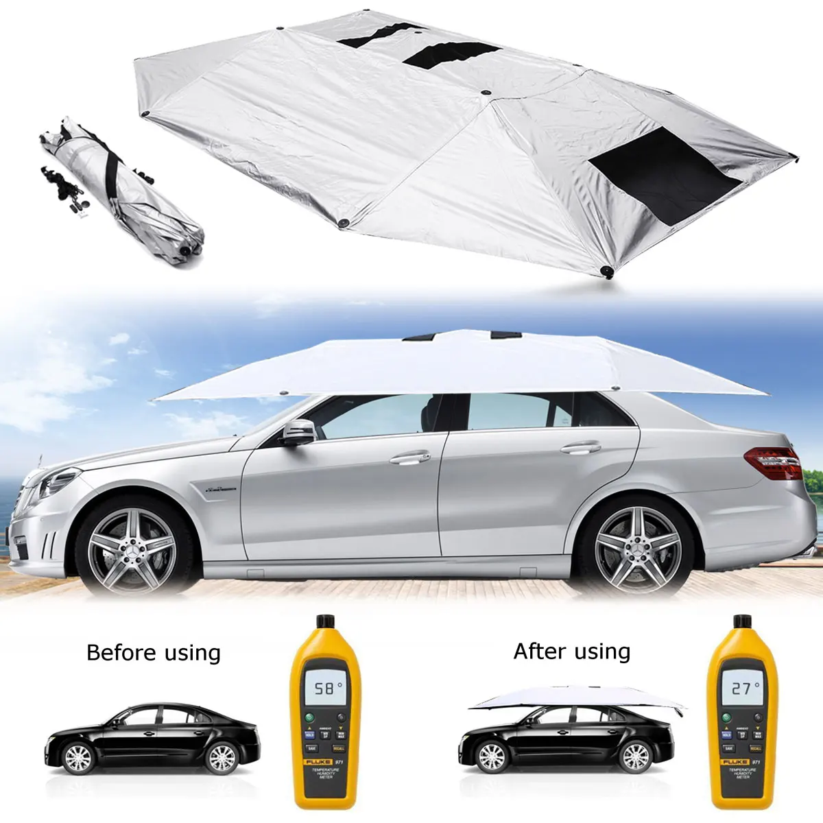 저렴한 휴대용 이동식 야외 자동차 텐트 우산 지붕 차양 커버, UV 보호, 자동차 태양 그늘, 자동차 액세서리, 호일, 태양 보호