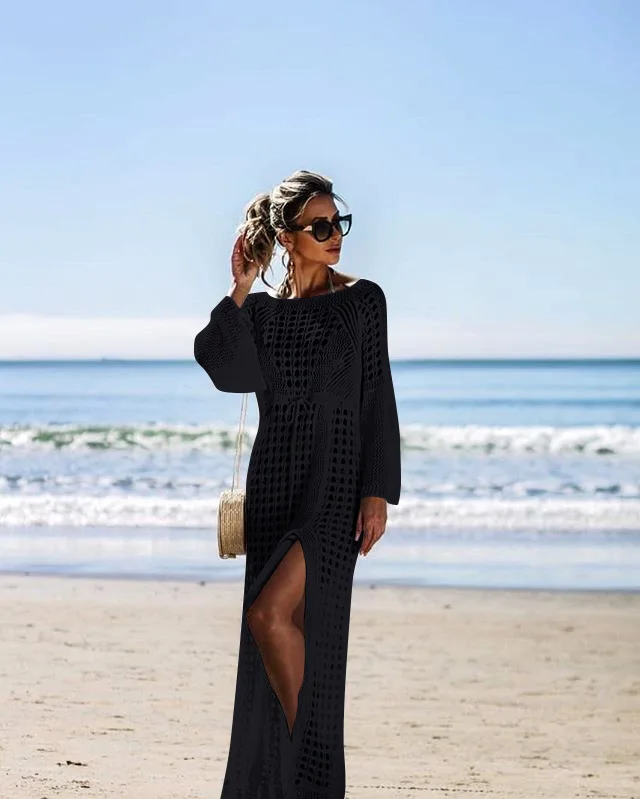 

2019 Fashion Sun Protection Cover Sexy Hollow Out Beach Swimsuit Dress Knitting Cotton Maxi Women Bohemian Dress