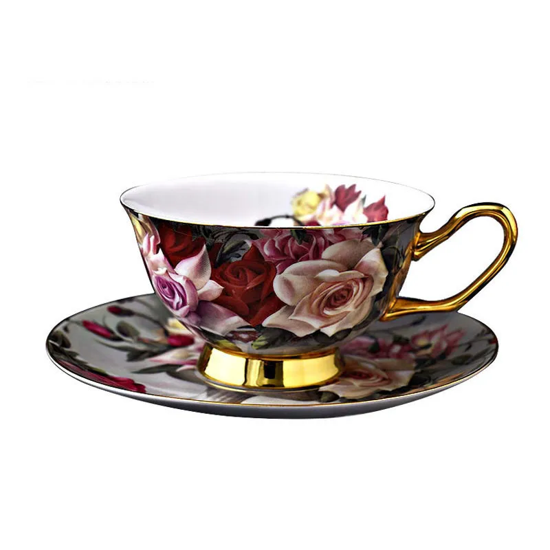 Креативный розовый цветок костяной фарфор кофейная чашка и блюдце с золотой