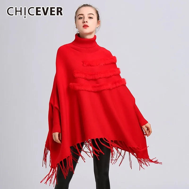 Женский свитер с кисточками CHICEVER свободный рукавами летучая мышь плюшевый