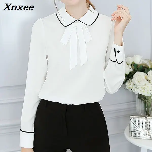 

Women blouse chiffon shirts long sleeve loose shirt with bow casual solid elegant tops plus size women's clothing Xnxee