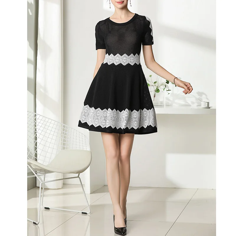 Элегантное открытое вязаное платье для женщин 2019 летнее черное белое с коротким