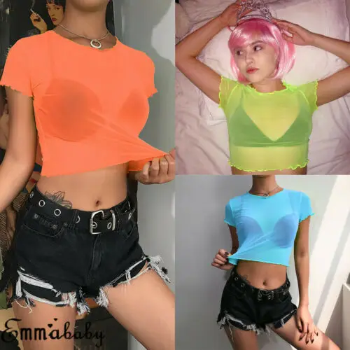 Сексуальный женский прозрачный кружевной сетчатый короткий рукав укороченный