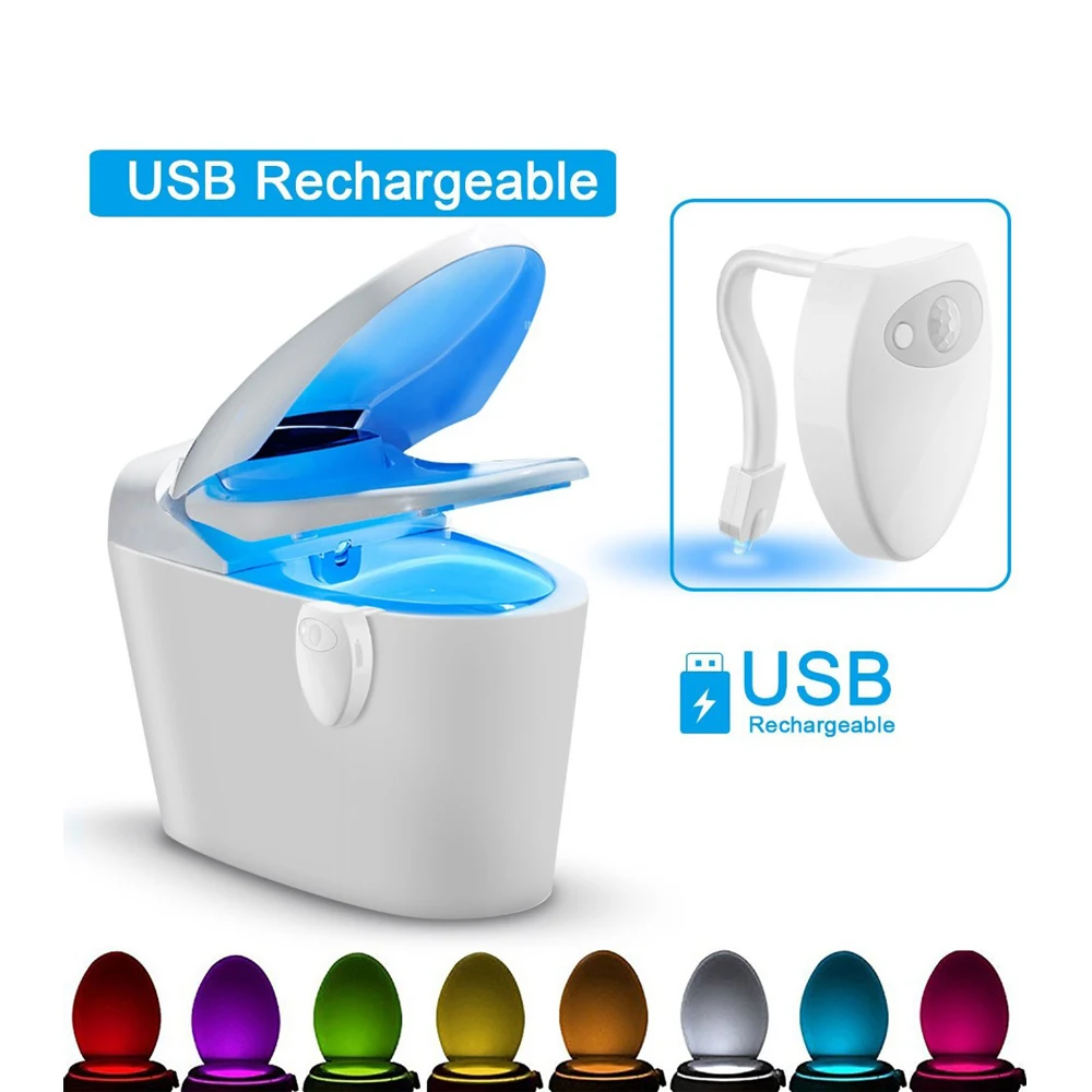 USB Перезаряжаемый движения Сенсор подсветка для унитаза Подсветка 8 свет Цвета