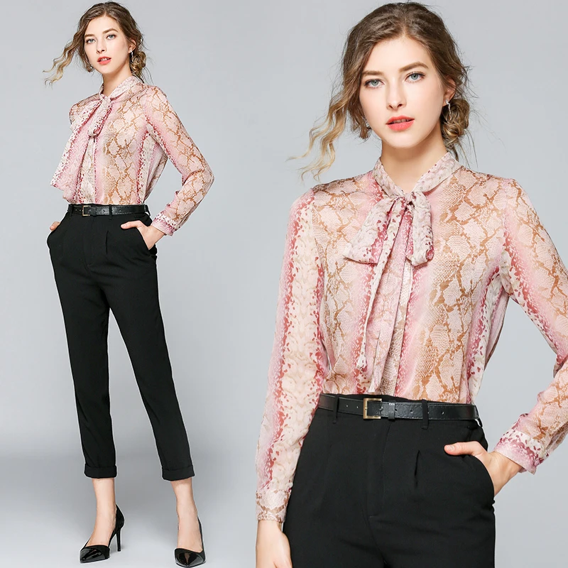 Узорчатые Топы дизайнеры 2019 Новинка весны Для женщин с длинным рукавом Блузка