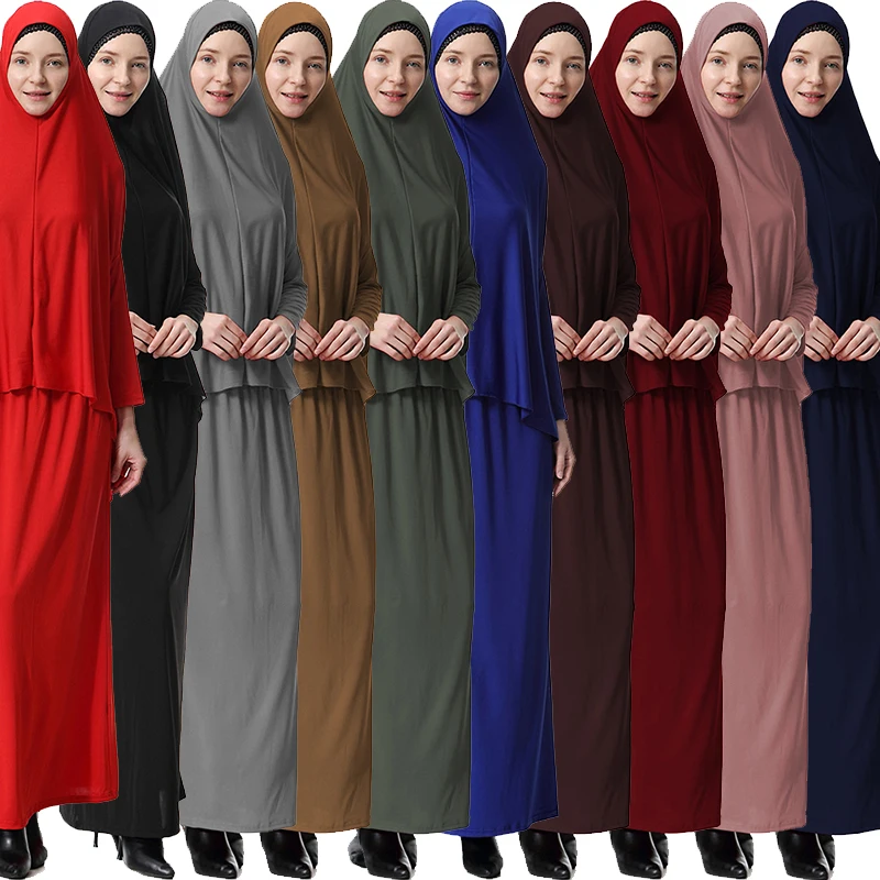Muslim Dua Sepotong Set Wanita Maxi Jubah Set Lengan Panjang Abaya Kaftan Islam Indonesia Jubah Rok Panjang Jubah dengan Hijab Suit