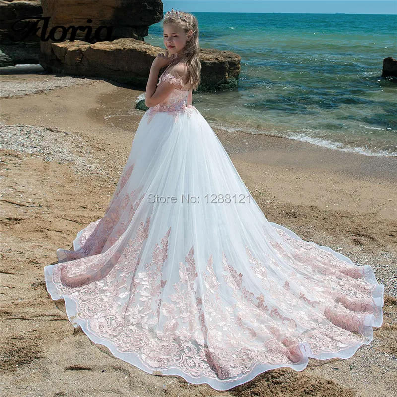Pink Lace Flower Girl Dresses For Weddings 2019 New Elegant Long Kids Prom Pageant Gowns Ball Gown First Communion Dress | Свадьбы и