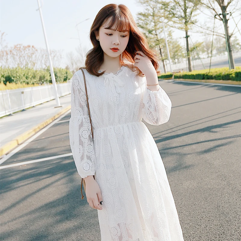 Vintage Lace Dress Long Sleeve Sexy V-neck Elastic Waist A-Line Party Dresses Elegant Women Vestidos Robe Femme | Женская одежда