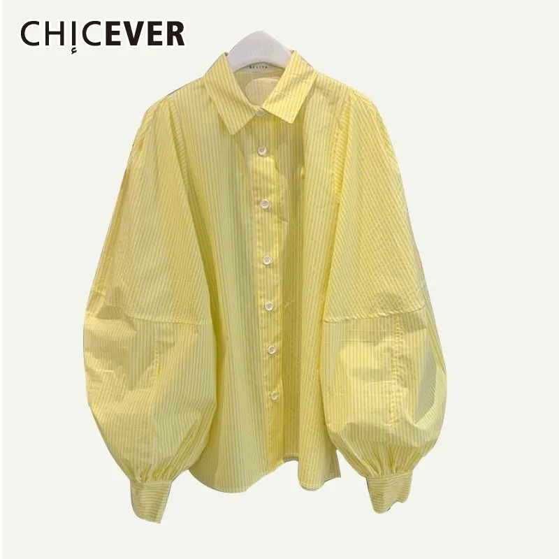 CHICEVER Весенняя полосатая Желтая Женская рубашка с отворотом пышными рукавами и