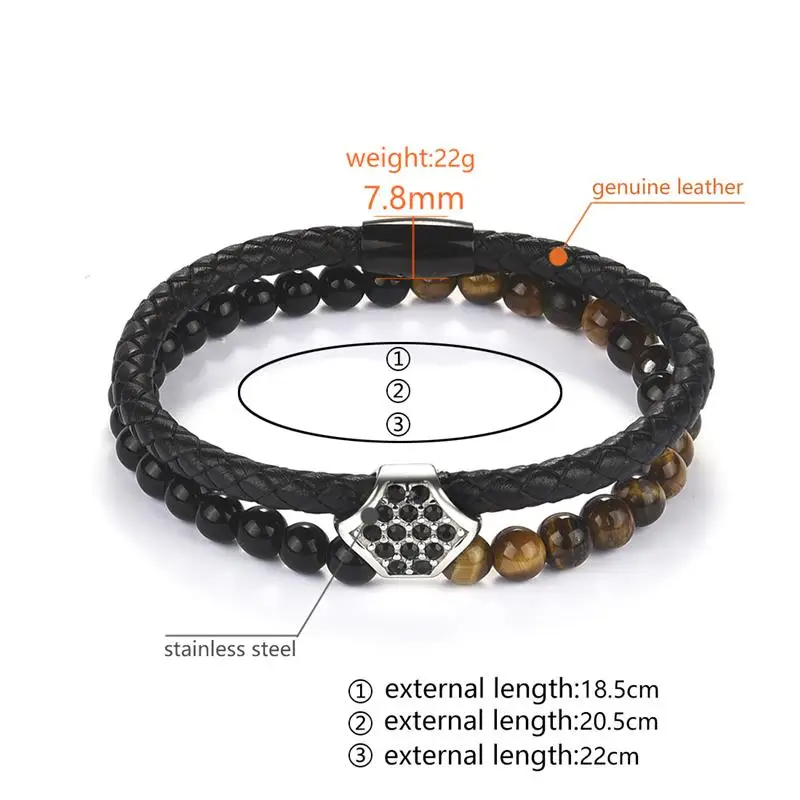Мужской подлинный кожаный с бисером браслеты Шарм Черный CZ натуральный камень