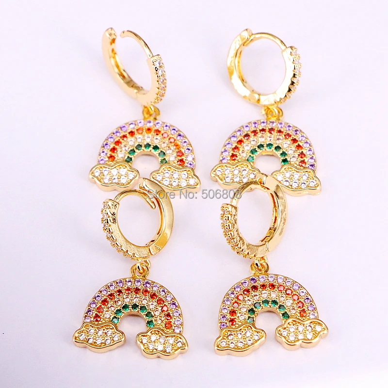

4 Pair, Crystal Zirconia Rainbow Dangle earring, micro pave colourful CZ women earrings