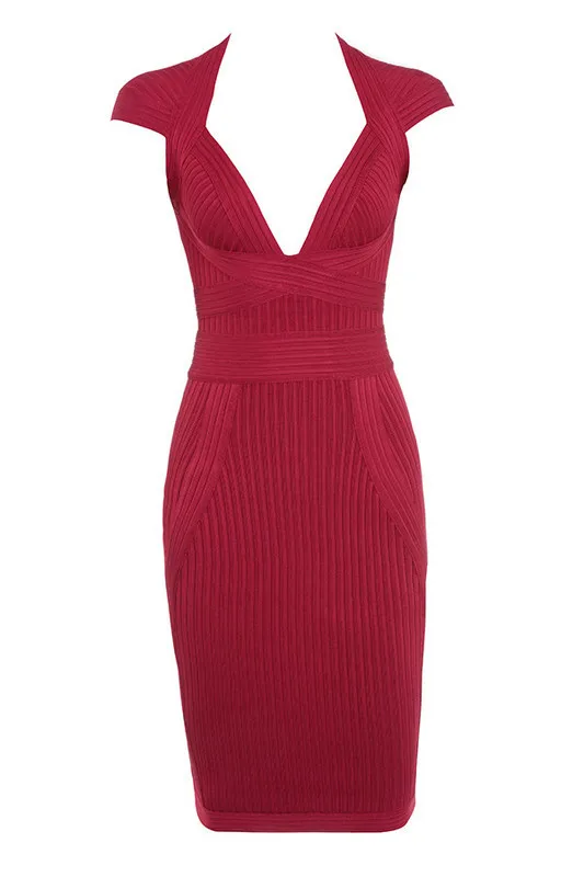 

High Quality Red V-neck Sleeveless Bodycon Rayon Bandage Dress Elegant Party Dress