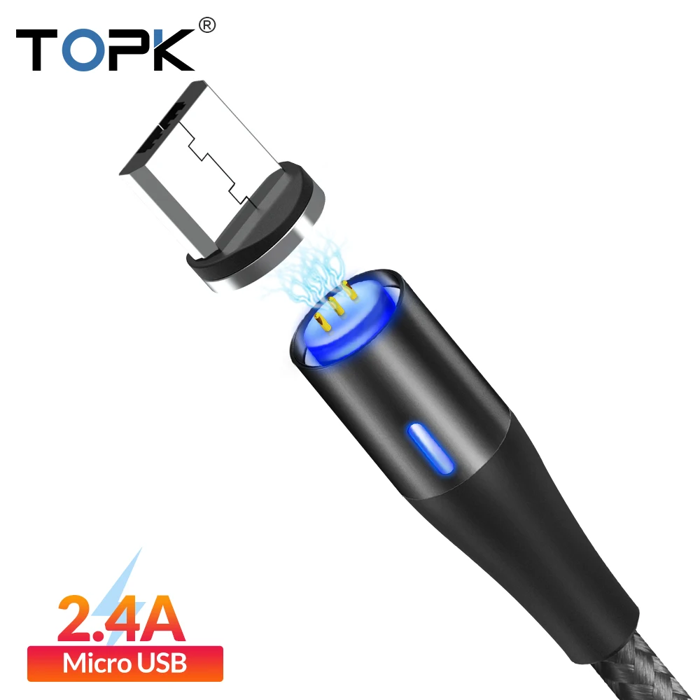 Магнитный светодиодный usb кабель TOPK 1 м для быстрой зарядки и передачи данных Micro