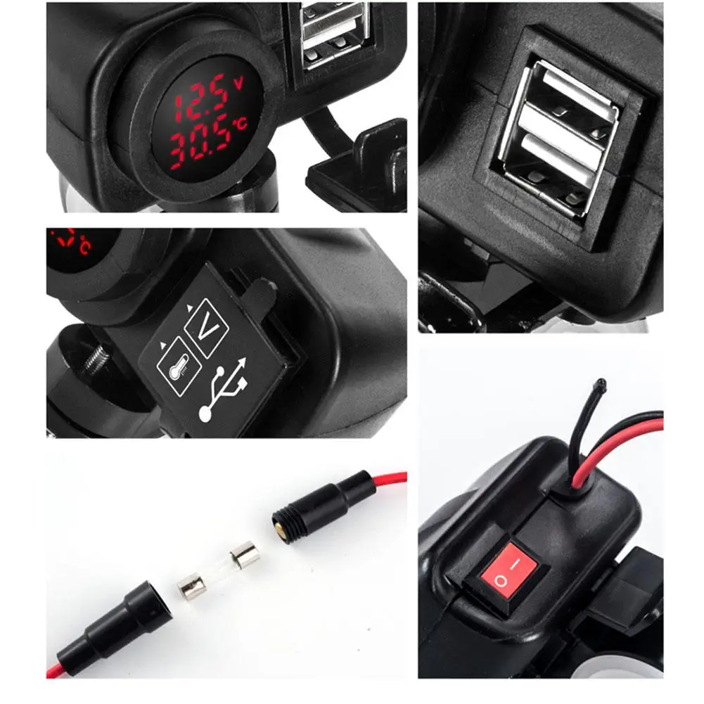 Мотоцикл двойной USB зарядное устройство Вольтметр термометр гнездо для сотовых