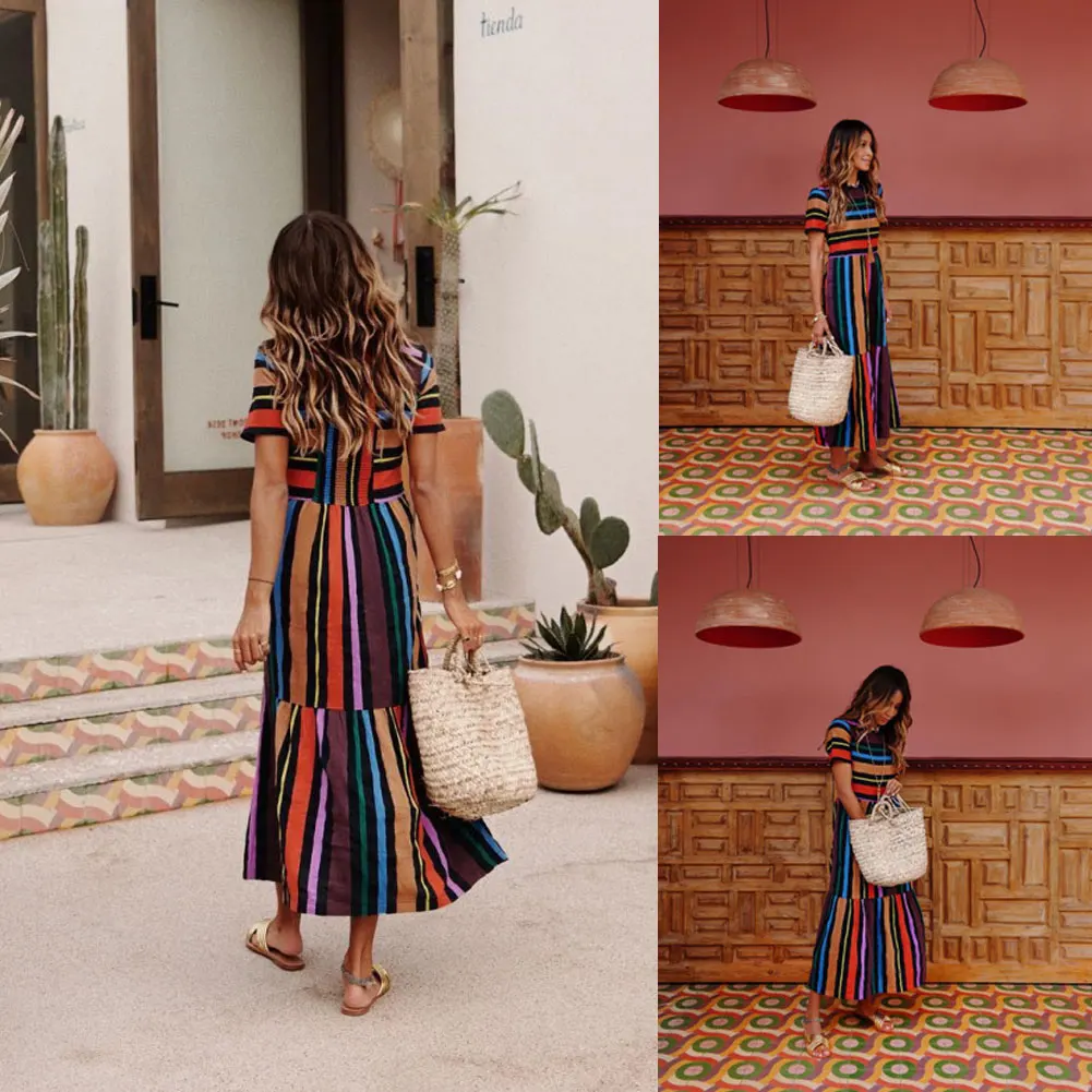 Женское платье с коротким рукавом длинное в стиле бохо цветной праздничный