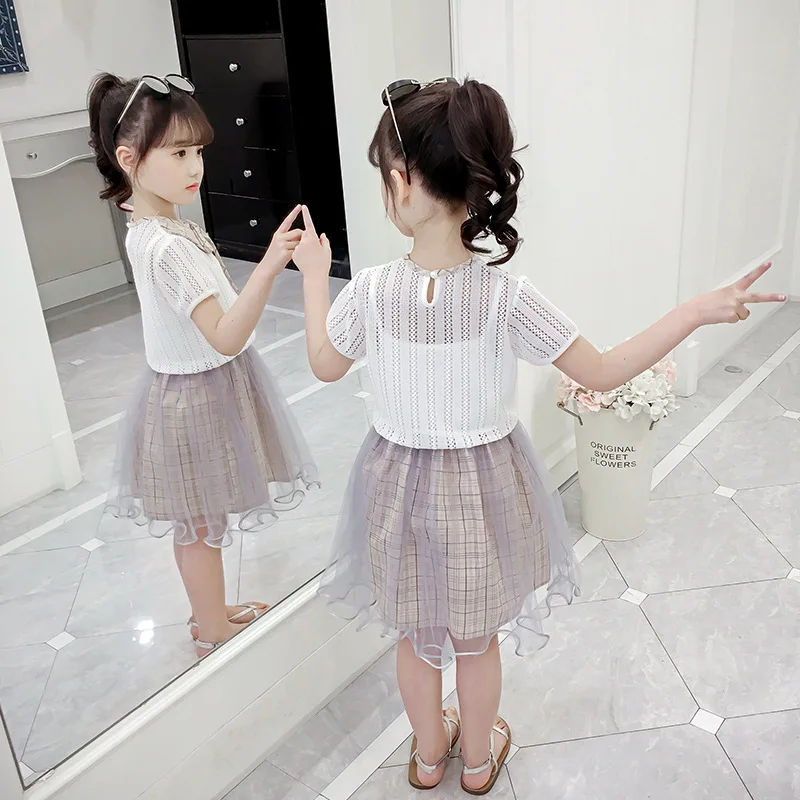 Летняя модная детская одежда для девочек белый топ с коротким рукавом + сетчатая