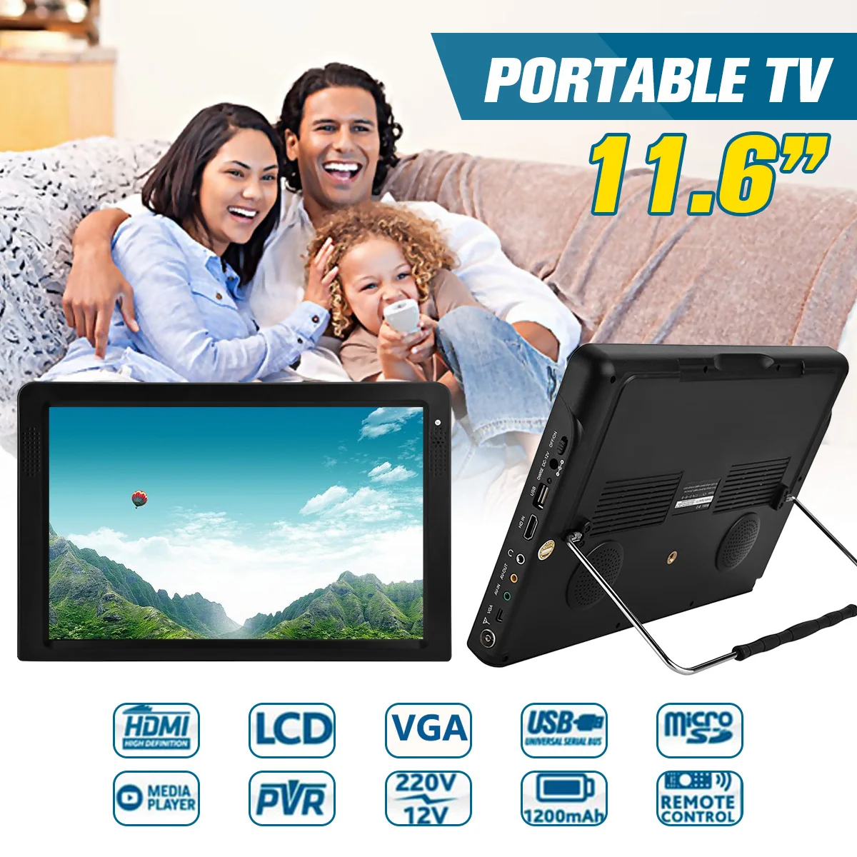 Портативный 11,6 дюймовый TFT HDMI VGA ТВ-плеер ATSC. M/H цифровой аналоговый AC/DC 12V DOLBY Автомобильный/домашний/отельный светодиодный телевизор