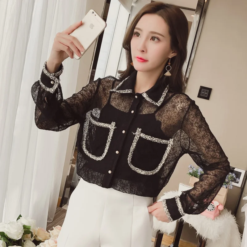 

2019 New Spring Women Shirts Full Sleeve Lace Collar Perspective Rendering Blouse Shirt White Black 18009
