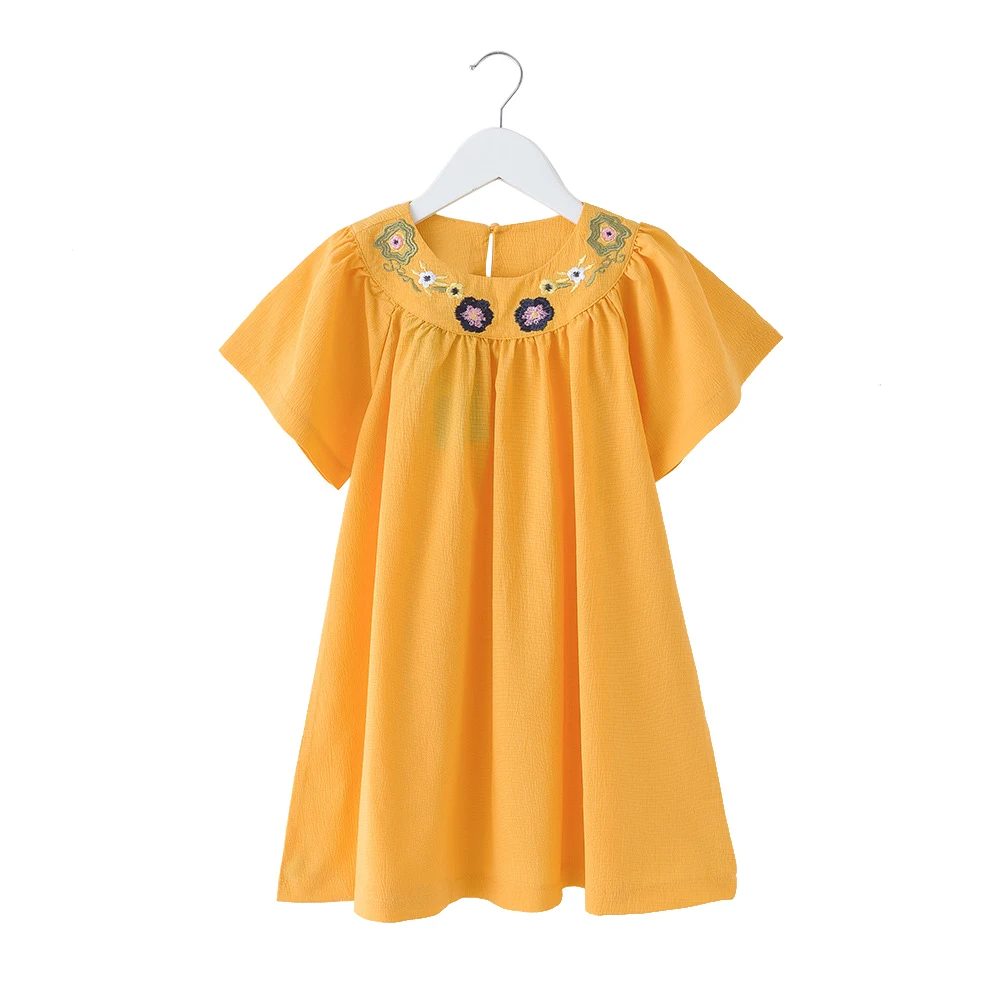 yellow loose dress simple embroidered floral short-sleeve dresses age for 4-14 yrs teenage girls summer clothes big frocks | Детская