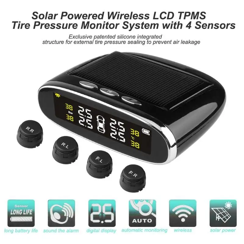 Солнечный беспроводной с ЖК-дисплеем TPMS система контроля давления в шинах 4