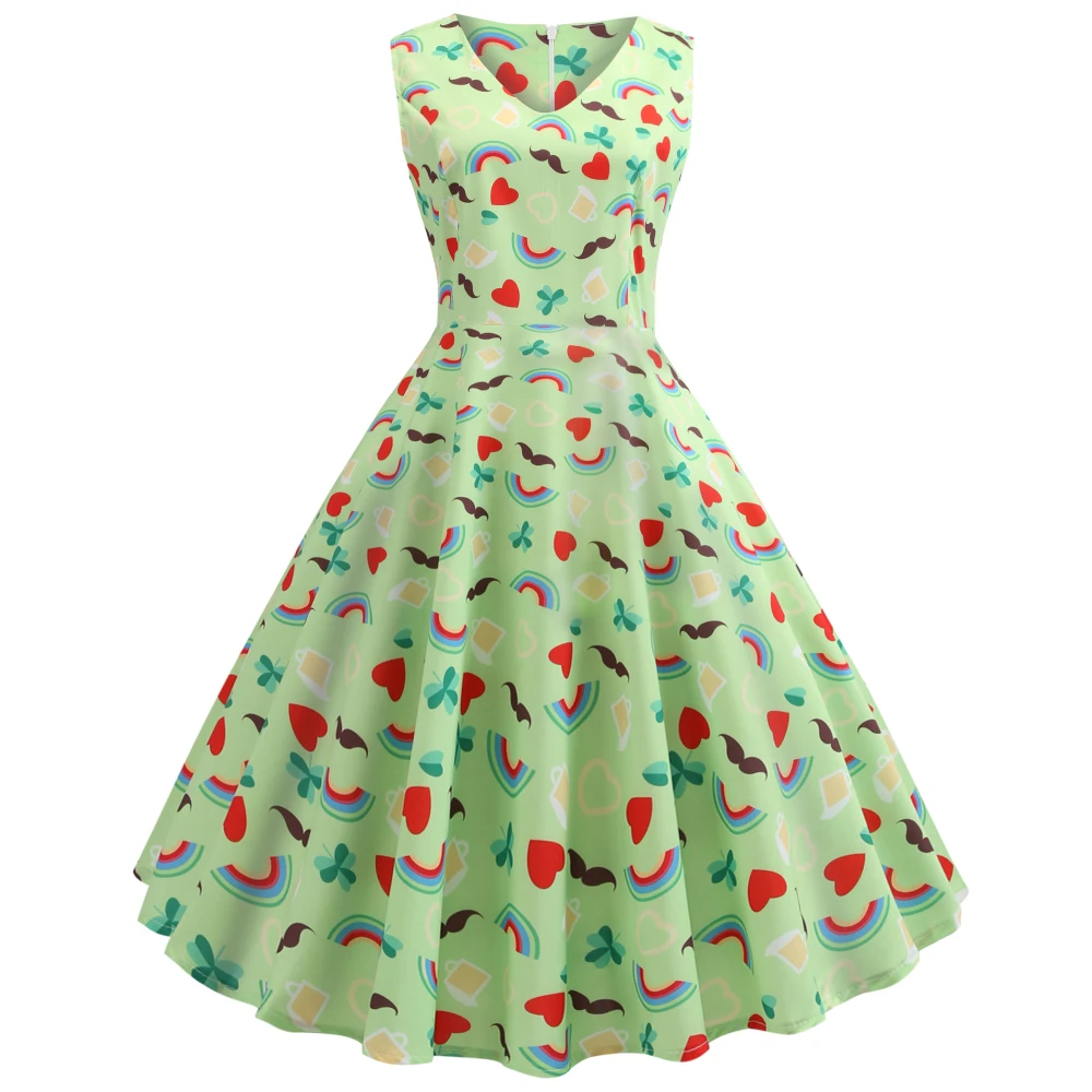 Joineles Vintage V-Neck Pinup Women Dress Swing Clover Printing Evening Party Sleeveless Rockabilly Retro Wear 2XL | Женская одежда
