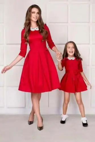 Christmas Mother and Daughter Party Red Dress Lace Family Matching Dresses Outfit Cotton | Мать и ребенок