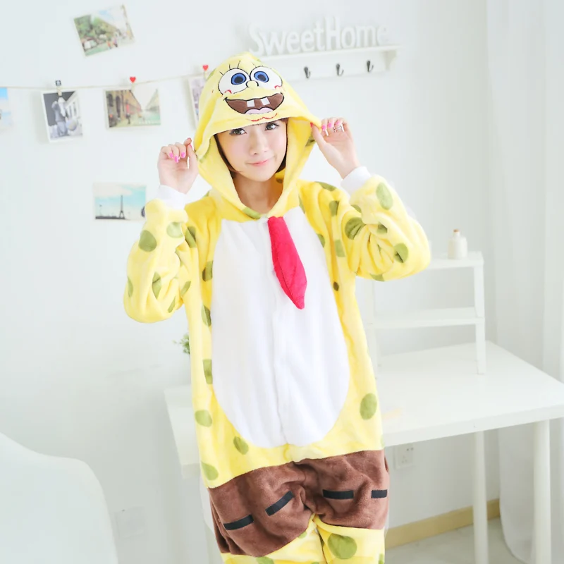 Dropshipping Adult Women Animal Pajamas SpongeBob Suit Flannel Warm Soft Sleepwear Overall Comfortable Cosplay Yellow |