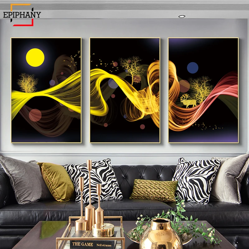 

Nordic Decoration Abstract Landscape Yellow Moon and Deer Posters Canvas Print Wall Art Painting Decorative Picture Home Decor