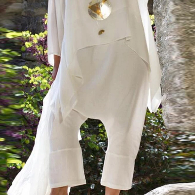 Женские штаны оверсайз с заниженным шаговым швом и высокой талией из хлопка льна