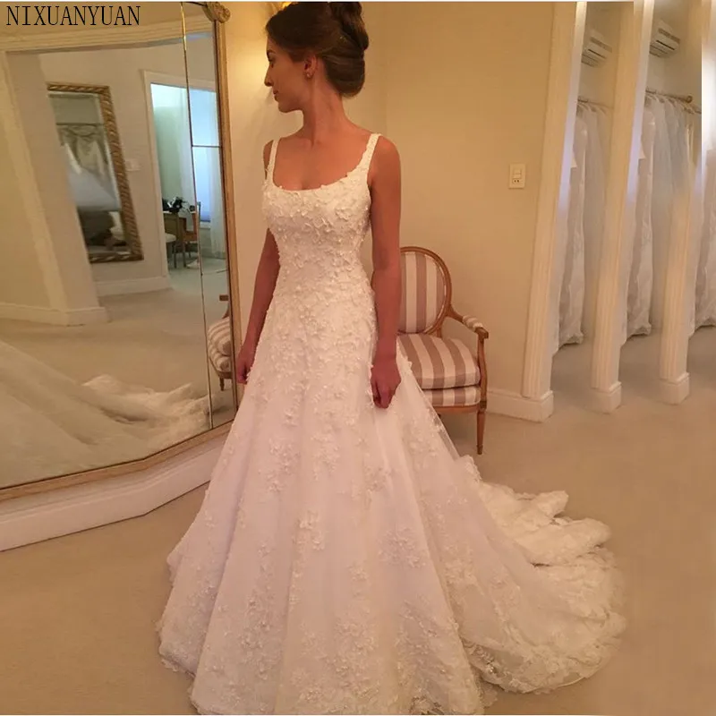 Scoop Neck A-line Lace Appliques Wedding Dresses Chapel Train 2021 Vestido De Noiva Bridal Gowns Country Garden | Свадьбы и