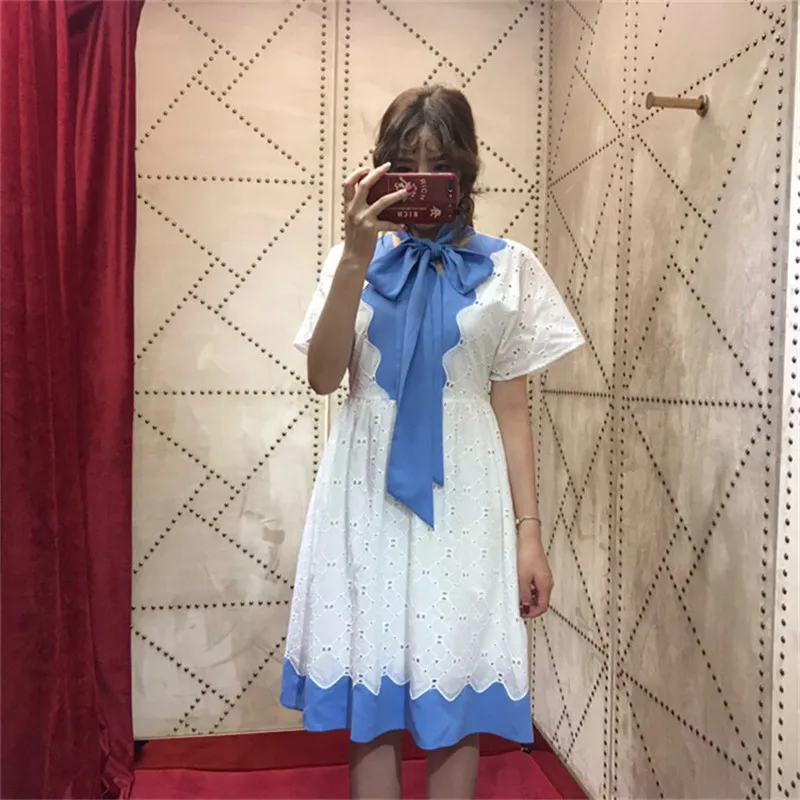Elegant Blue White Patchwork Hollow Out Women Dress Chic Bow Neck A-line Short Sleeve 2019 Summer Party Beach Clothes Женская одежда
