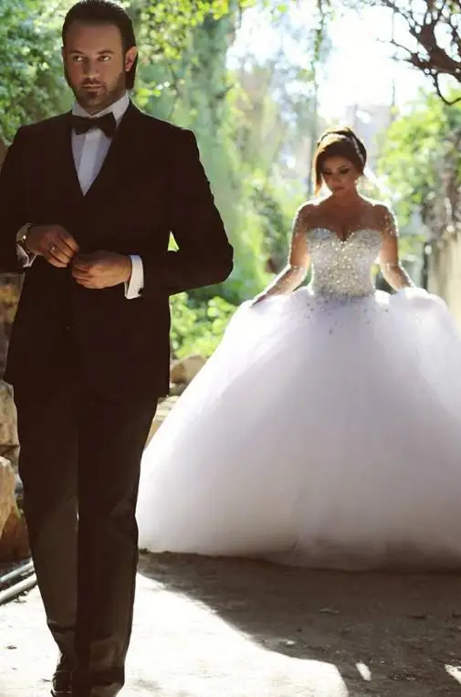 VAMOLASC Luxury Crystal Sweetheart Tulle Ball Gown Wedding Dresses Illusion Long Sleeve Court Train Backless Bridal Gowns | Свадьбы и