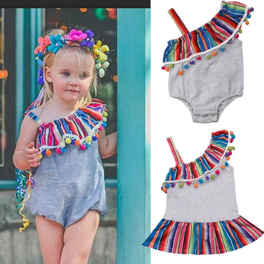 Lovely Kids Baby Girls Rainbow Dress/Romper Summer Girl One Shoulder Strap Tassels Dress Sister Matching Cotton Clothes 0-5Y | Детская