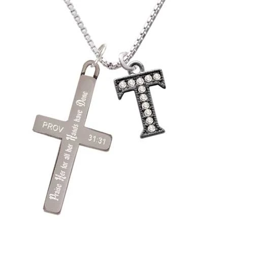 Crystal Black Initial - T Beaded Border Praise Her Cross Necklace | Украшения и аксессуары