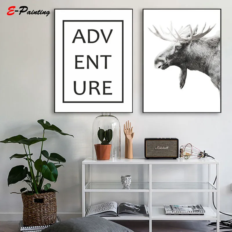Modern Wall Art Moose Woodland Animals Prints Adventure Letter Poster Canvas Painting Nordic Style Living Room Home Decor | Дом и сад
