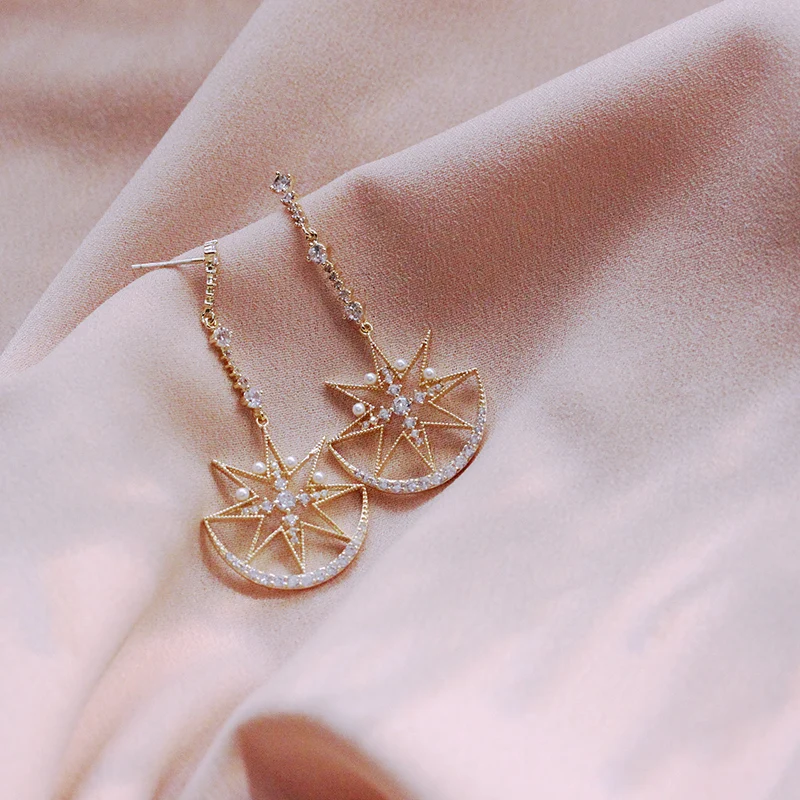 Модные серьги в стиле барокко серьги-подвески форме звезды и Луны с кубическим