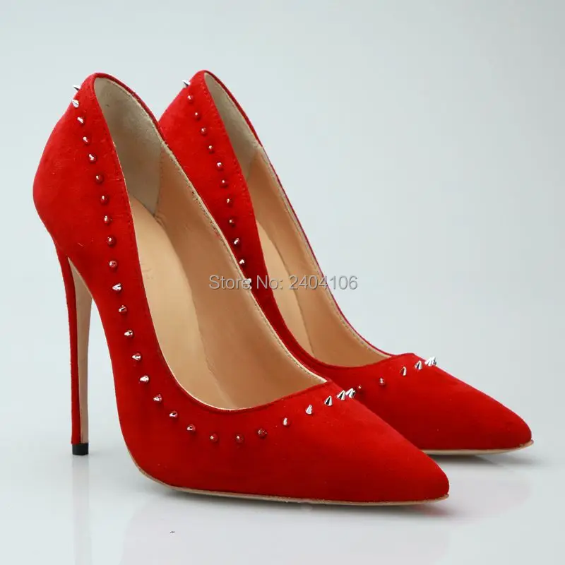 

new design Red Spring Summer Mature Style Rivet Studded Women Shoes Thin Heel Pumps Stilettos Heels Sexy Pointed Toe High Heels