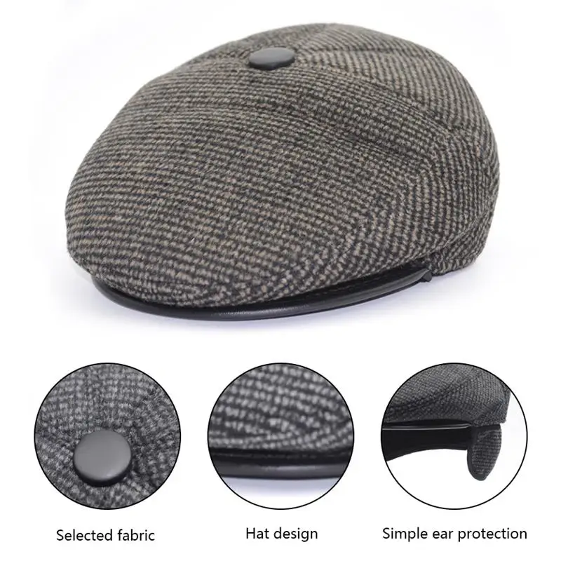 Winter Wool Male Beret Cap Hats With Earflaps Men Vintage Newsboy Tweed Flat Dad Warm Russia Snow Plaid Peaked Boina | Аксессуары для