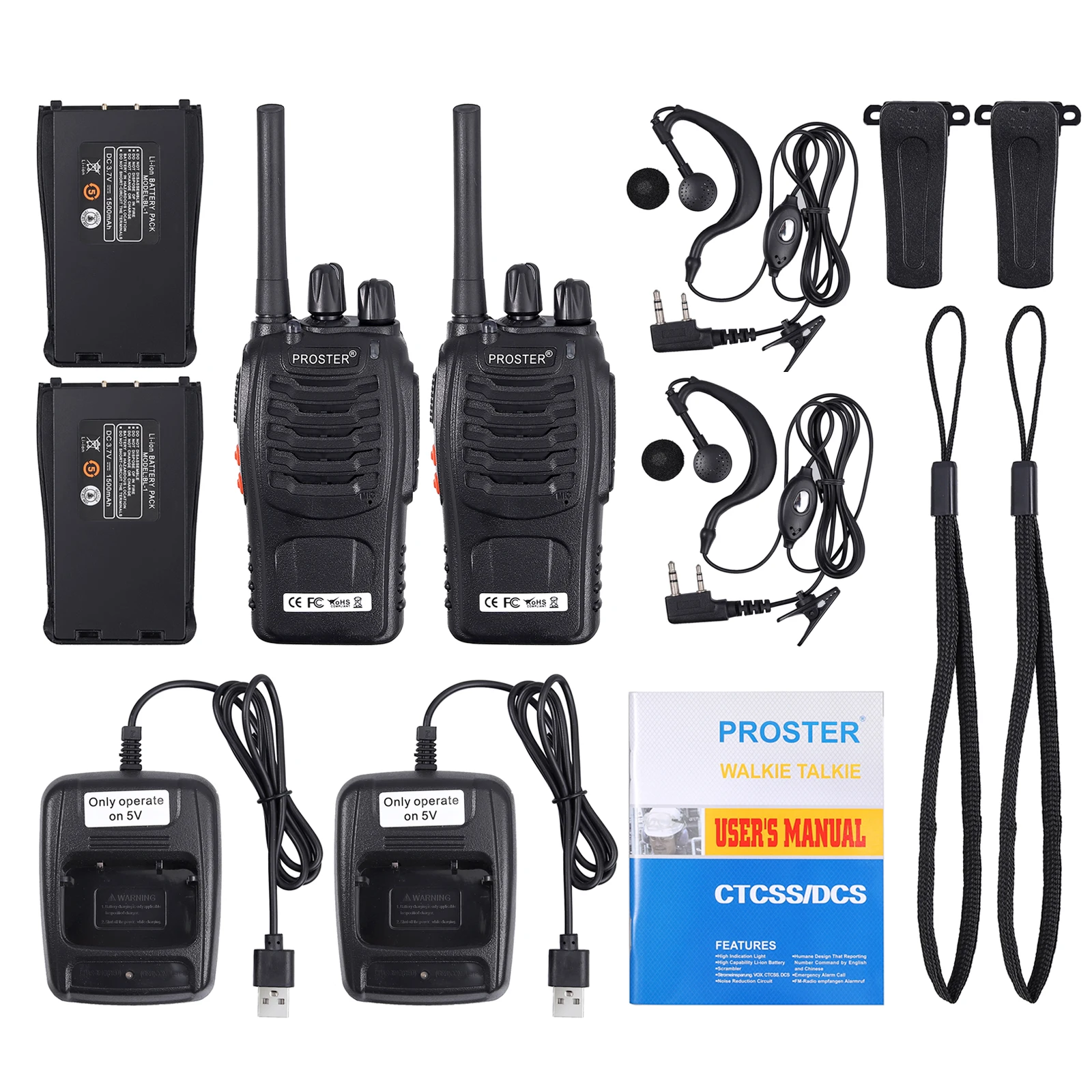 Proster 2 шт. для Walkie Talkie UHF 400 470MHZ 5W 16CH двухстороннее радио коммуникатор USB зарядка