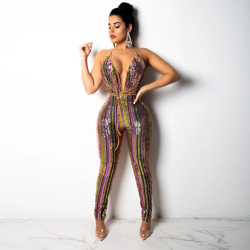 MUXU Блестящий Радужный комбинезон с блестками в полоску лоскутное боди женский