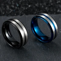 classic mens 8mm stainless steel ring one tone matte finish brushed center wedding band beveled blue and black rings