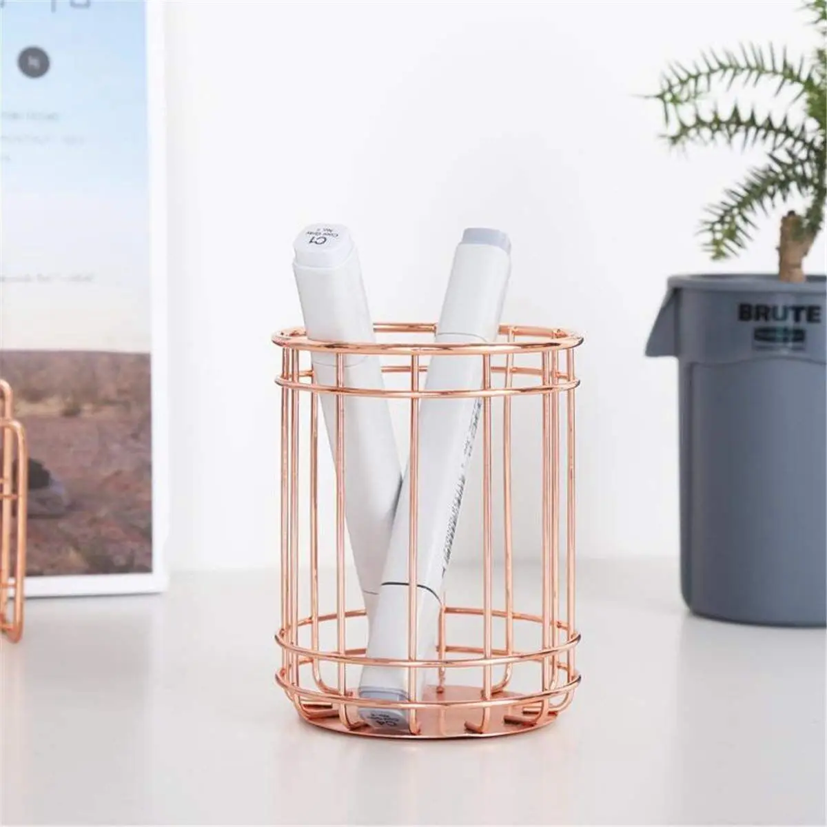 Rose Gold Wire Stripes Pencil Holder Round Iron Mesh Pen / Cup Stationery Organizer Desk Sorter For Office Home School | Канцтовары для