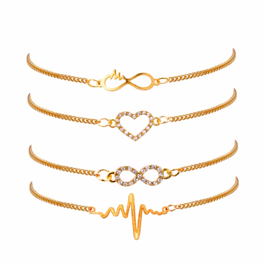 Charming Luxury Crystal Hollow Heart Bracelet Romantic Gold Color Hand Chain Elegant Women's Jewelry Bride Wedding Gifts 4pc/Set |