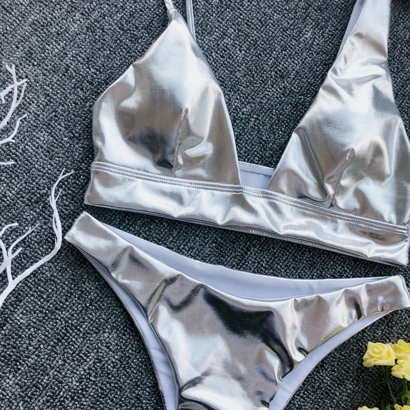 2019 New Bright Leather Swimwear Women Bikini Set Beach Bathing Suit Swimsuit Push Up Brazilian Pool Party | Женская одежда