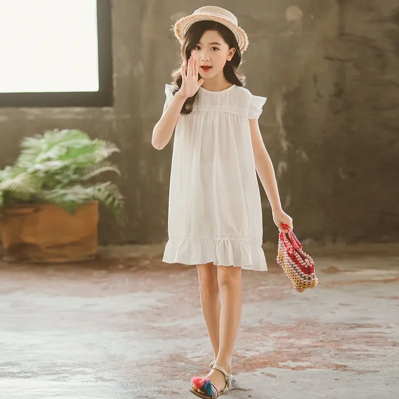 Teenage Kids Dresses For Girls Summer White Pink Party Toddler Girl Dress 2019 New Cotton Linen Holiday Children Clothing | Детская