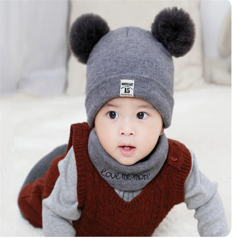 2 Pieces Baby Beanies Cap Set Kid Solid Color Plush Ball Girls Hat And Scarf Winter Warm Caps For Boys Newborn | Детская одежда и
