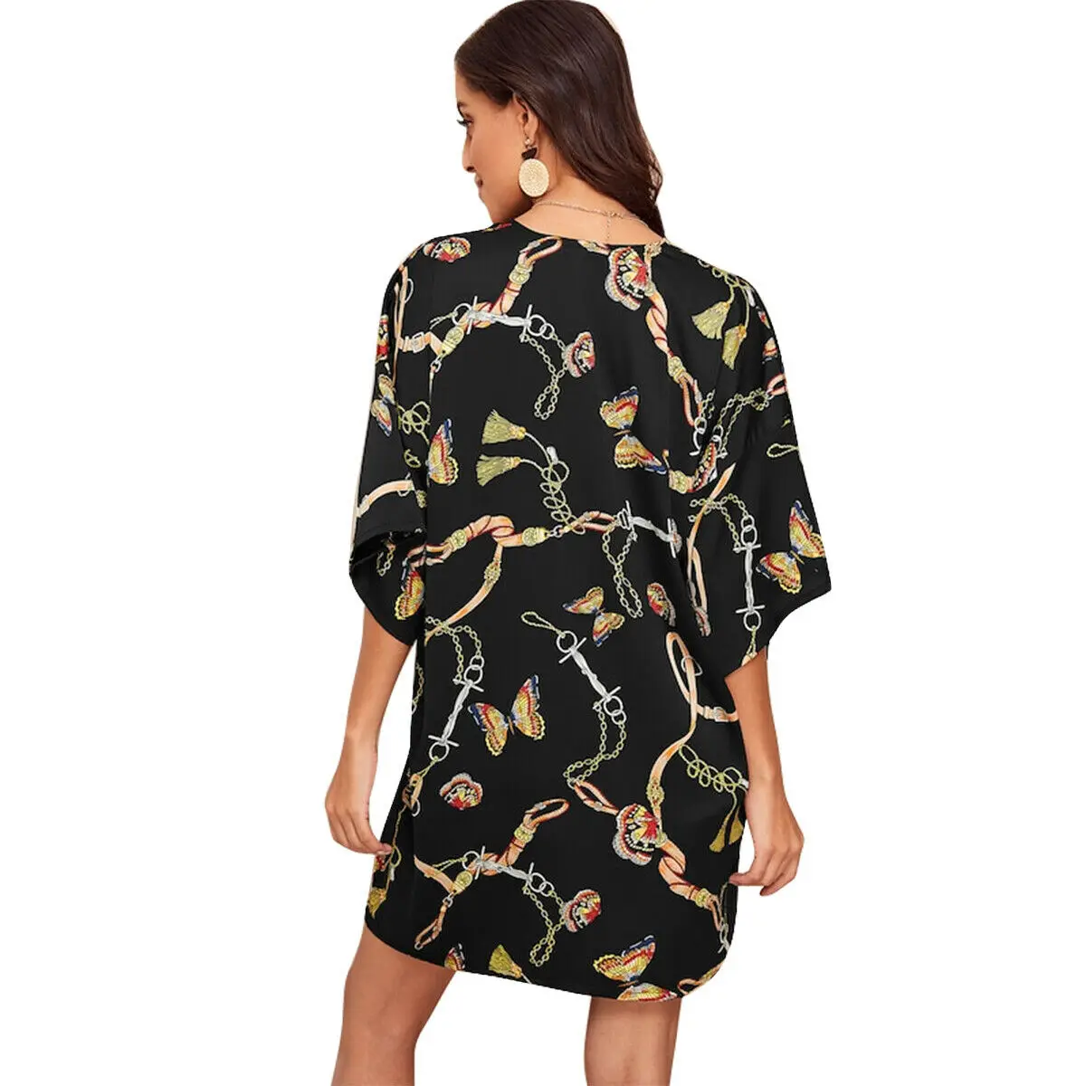 Женское кимоно с цветочным принтом и цепочкой летняя пляжная блуза коротким